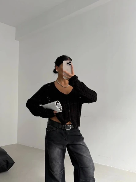 Küçük düğmeli küçük örgülü triko hırka siyah - 2