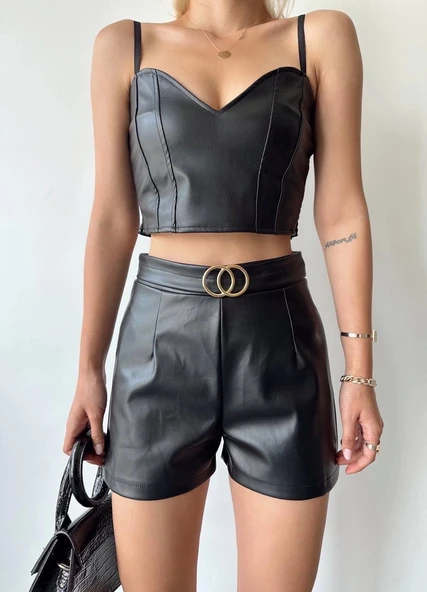 Tokalı deri şort siyah s24444 - 2
