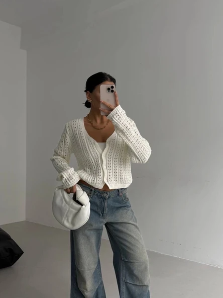 Küçük düğmeli küçük örgülü triko hırka beyaz - 2