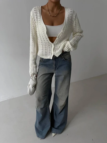 Küçük düğmeli küçük örgülü triko hırka beyaz - 3