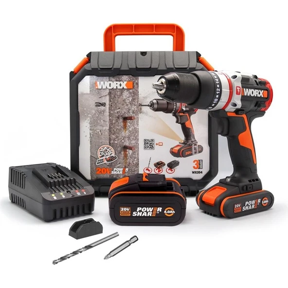 Worx WX354.1 20V/4.0/2.0 Ah. Li-Ion Çift Akülü Kömürsüz Profesyonel Darbeli Şarjlı Matkap - 1