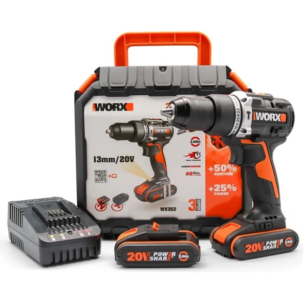 Worx WX352 20 Volt/2.0 Ah Li-Ion Çift Akülü Kömürsüz Şarjlı Darbeli Matkap