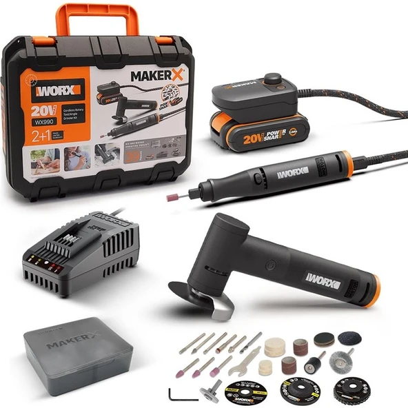 Worx WX990 Makerx 20VOLT 2.0AH. Kömürsüz Profesyonel Kalem Tipi Devir Ayarlı Gravür + 50MM Açılı Avuç Taşlama Kombo Set + 39 Parça Aksesuar ürün görseli