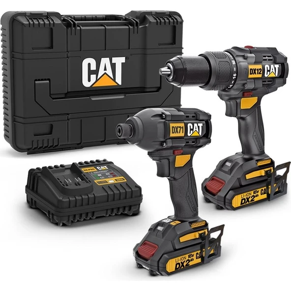 Cat DX12K 18VOLT/2.0AH Li-Ion Çift Akülü Kömürsüz Profesyonel Şarjlı Darbeli Matkap + DX71 Kömürsüz Darbeli Tornavida Kombo Set