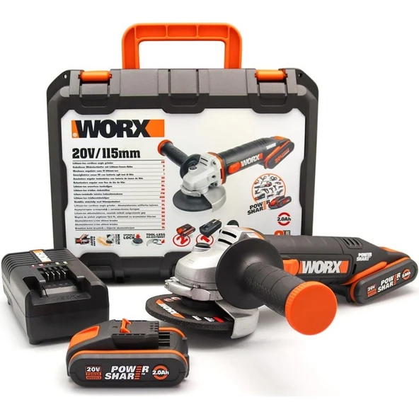 Worx WX800 20VOLT 2.0 Ah. Li-Ion Çift Akülü 115MM Profesyonel Şarjlı Avuç Taşlama - 1