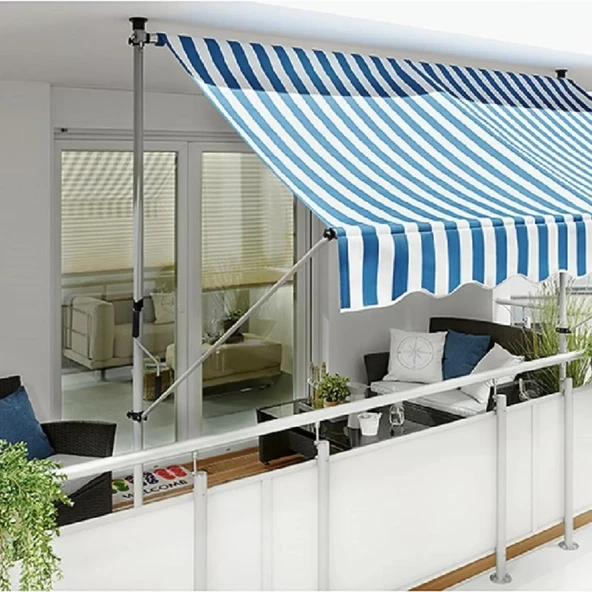 Sunfun Teleskopik Tente Mavi-Beyaz 300X130 cm - Polyester - Yükseklik: 2 Mden 3 Mye Kadar Ayarlanabilir - 2