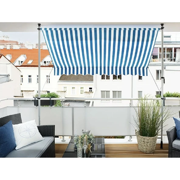 Sunfun Teleskopik Tente Mavi-Beyaz 300X130 cm - Polyester - Yükseklik: 2 Mden 3 Mye Kadar Ayarlanabilir - 1