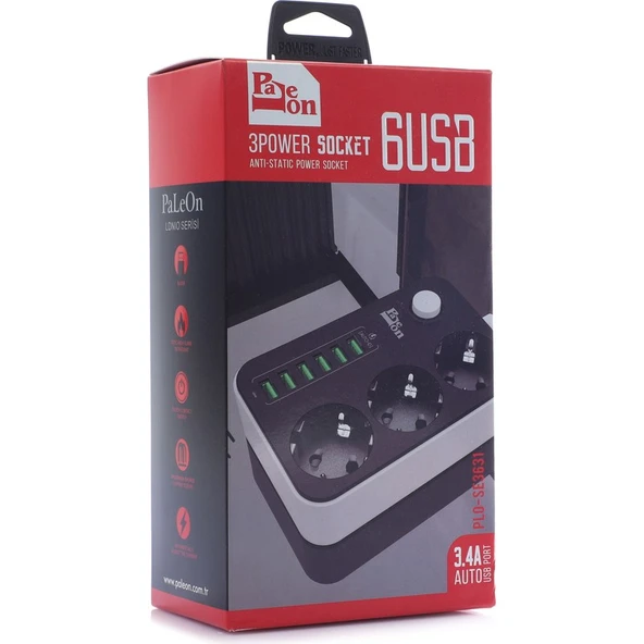 Paleon 5V 3.4A 6 USB Bağlantı Noktası 3'lü Uzatma Akım Korumalı Priz - Resim 4