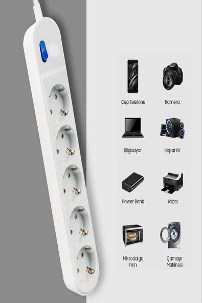 5’li Anahtarlı Akım Korumalı Grup Priz 1.5 Metre Kablo Maks 3500W 16A Ev Ofis Elektrik Prizi - Resim 2