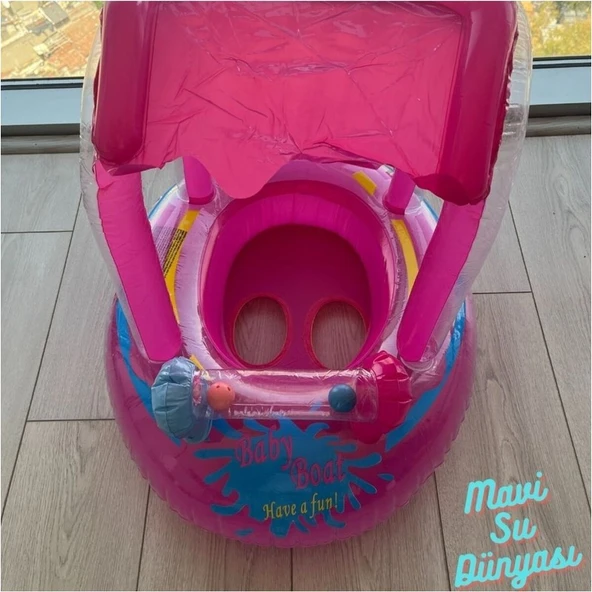 Mavi Su Dünyası Gölgelikli Pembe Renk Bebek Deniz Simidi, Bebek Havuz Simidi, 0-3 Yaş 71CM*60CM - Resim 3