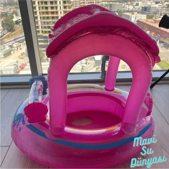 Mavi Su Dünyası Gölgelikli Pembe Renk Bebek Deniz Simidi, Bebek Havuz Simidi, 0-3 Yaş 71CM*60CM - Resim 2