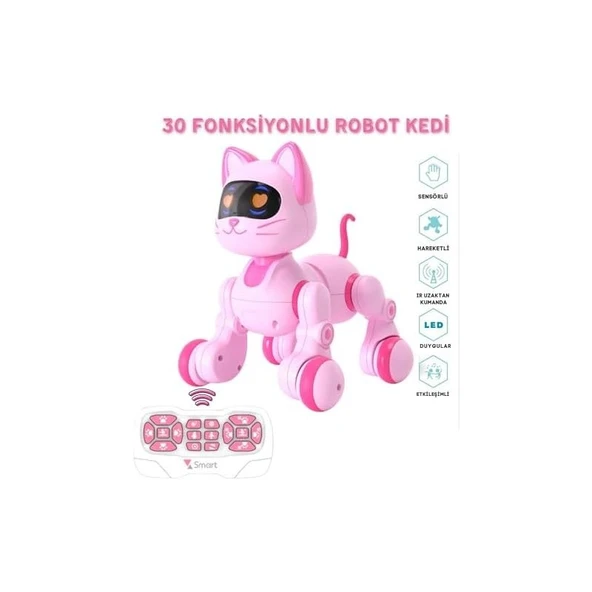 Oyuncak 30 Fonksiyonlu Uzaktan Kumandalı Şarjlı Sesli Işıklı Dokunma Algılama Programlama Robot Kedi ve Köpek (Kedi) - 2