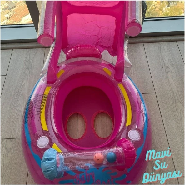 Mavi Su Dünyası Gölgelikli Pembe Renk Bebek Deniz Simidi, Bebek Havuz Simidi, 0-3 Yaş 71CM*60CM - Resim 5