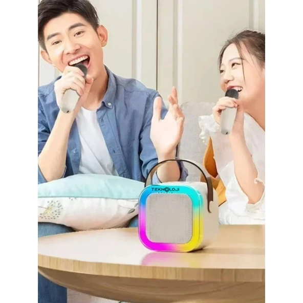 Teknoloji Gelsin Çift Karaoke Mikrofonlu Kablosuz Bluetooth Hoparlör 5 Ses Efektli Rgb Hd Stereo Ses Usb/Sd/Fm - Resim 3