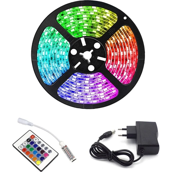 Magi Toptan Rgb Şerit 5 Metre 16 Renkli Kumandalı Adaptörlü Çift Taraflı Bant