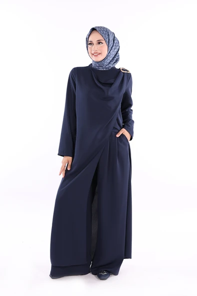 Tek Omuz Gold Toka Detaylı Tunik Pantolon Takım 8698 Lacivert ürün görseli