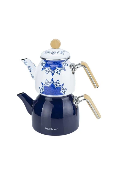 Bambum Unique - Bambu Kulplu Emaye Çaydanlık Takımı Lacivert - Resim 3