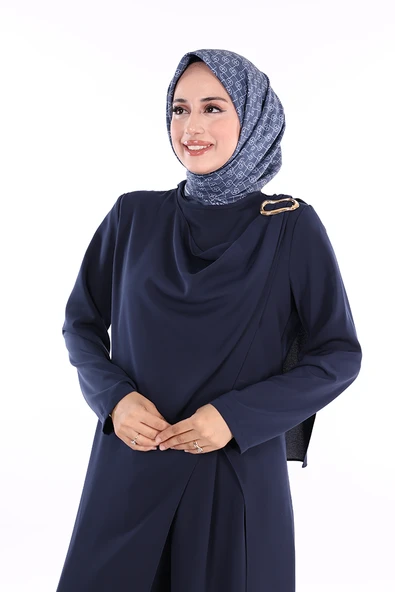 Tek Omuz Gold Toka Detaylı Tunik Pantolon Takım 8698 Lacivert - Resim 4