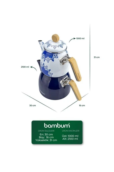 Bambum Unique - Bambu Kulplu Emaye Çaydanlık Takımı Lacivert - Resim 4