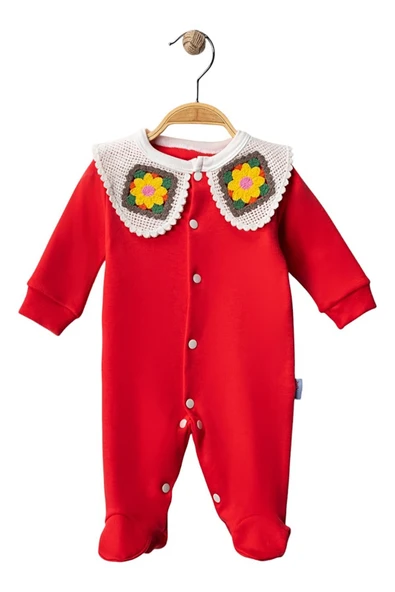 Celira Kırmızı Çiçek Örgü Yakalı Tulum 3 Ay,6 Ay Kız Bebek - Resim 2