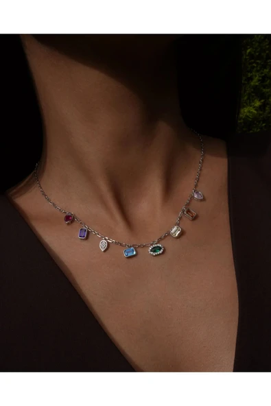 925s | Sallantılı Taşlı Choker Kolye - 1