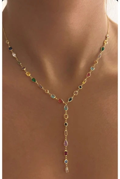 925 Gümüş | Multicolor Taşlı Y Kolye ürün görseli