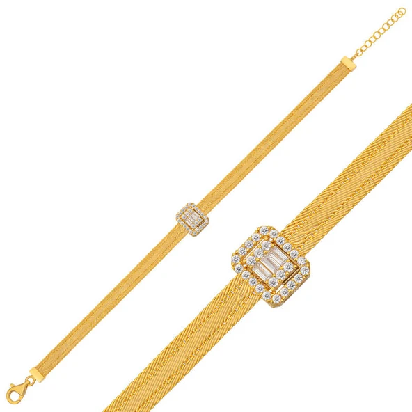 Gümüş Gold Baget Taşlı Trabzon Hasır Kadın Bileklik ürün görseli