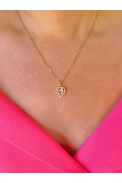 316L Çelik İncili Pembe Kalp Kolye ürün görseli 1