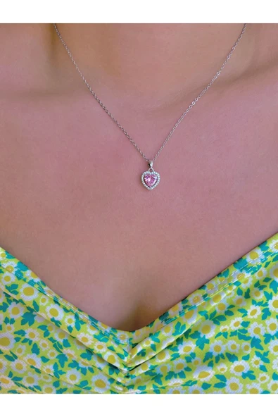 316L Çelik Pembe Kalp Kolye ürün görseli 1