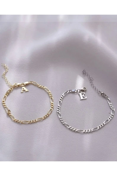 925 Ayar Gümüş Figaro Harfli Bileklik (Çift ) - Resim 3