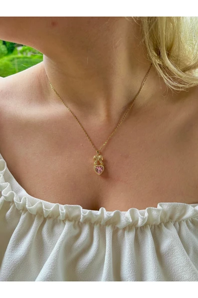 316L Çelik Gold Ribbon Heart Kolye - Resim 4