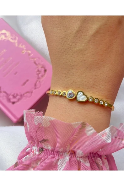 316 L Çelik Heart Zirkon Taşlı kelepçe Bileklik ürün görseli 1