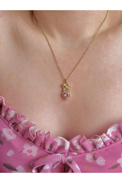 316L Çelik Gold Ribbon Heart Kolye ürün görseli 1