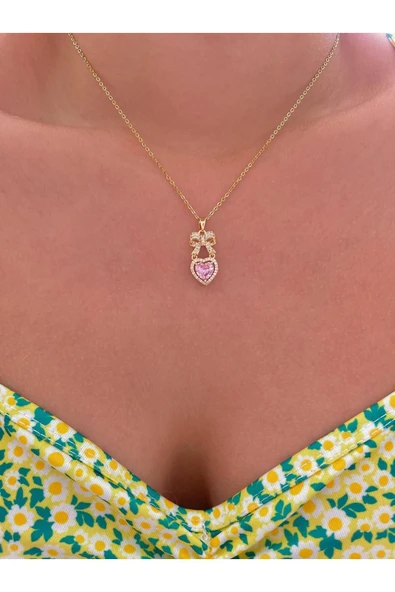 316L Çelik Gold Ribbon Heart Kolye - Resim 2