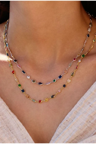 925 Ayar Gümüş Renkli Taşlı Zincir Kolye ürün görseli 1