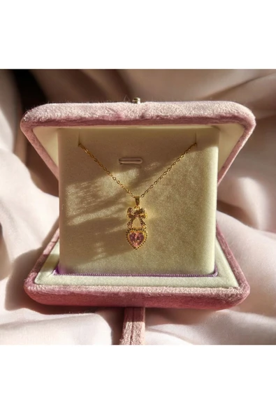 316L Çelik Gold Ribbon Heart Kolye - Resim 3