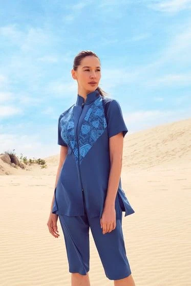 Haşema 3081 Petrol Mavisi Anadolu Koleksiyonu Omuz File Detaylı Kısa Kol Fermuarlı Havuz Mayo ürün görseli 1