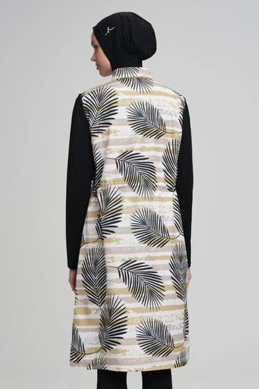 Haşema 3010 Siyah Çizgili Yaprak Desenli  Jileli 4 Parça Tesettür Mayo Takımı - Resim 3