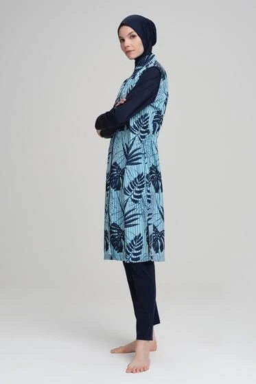 Nehar 22-11 Lacivert Mavi Çizgi Desenli Jileli 3 Parça Tesettür Mayo Takımı - Resim 2