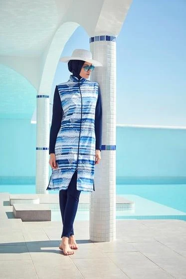 Haşema 2942 Lacivert Çizgili Palmiye Desenli Tesettür Mayo ürün görseli