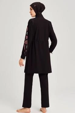 Haşema 3076 Siyah Anadolu Koleksiyonu Motif Desenli Esnek Dokuma 6 Parça Tesettür Mayo Takımı - Resim 6