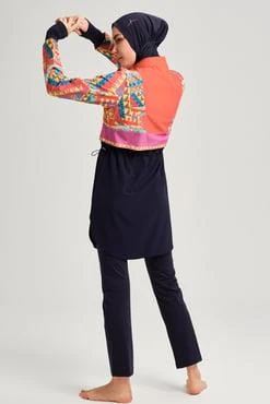 Haşema 3078 Lacivert Anadolu Koleksiyonu Desenli Jileli 5 Parça Tesettür Mayo Takımı - Resim 2