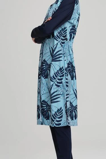 Nehar 22-11 Lacivert Mavi Çizgi Desenli Jileli 3 Parça Tesettür Mayo Takımı - Resim 4