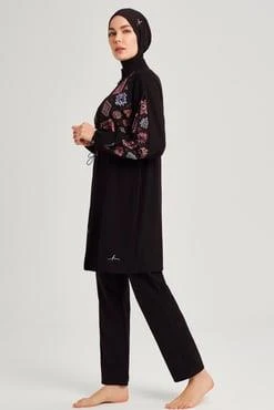Haşema 3076 Siyah Anadolu Koleksiyonu Motif Desenli Esnek Dokuma 6 Parça Tesettür Mayo Takımı - Resim 8