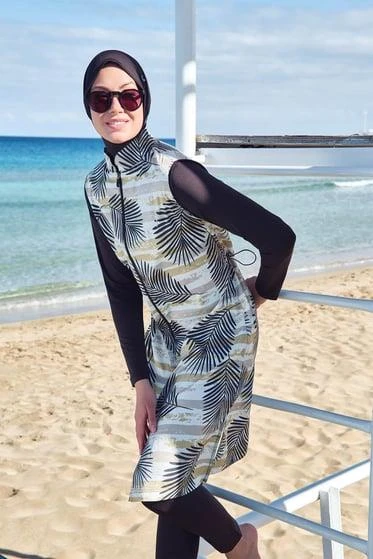 Haşema 3010 Siyah Çizgili Yaprak Desenli  Jileli 4 Parça Tesettür Mayo Takımı - Resim 2