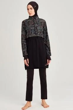 Haşema 2934 Siyah Yeşil Esila Jileli Tam Tesettür Tek Üst Mayo - Resim 7