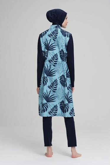 Nehar 22-11 Lacivert Mavi Çizgi Desenli Jileli 3 Parça Tesettür Mayo Takımı - Resim 3