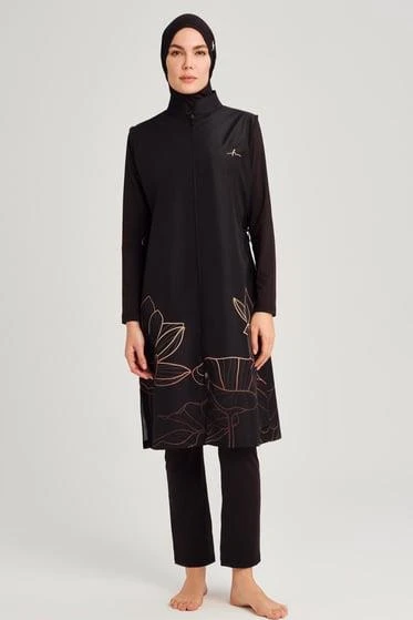 Haşema 3048 Siyah Bakır Yaprak Desenli Siyah Jileli Tam Tesettür Mayo Üstü - Resim 3