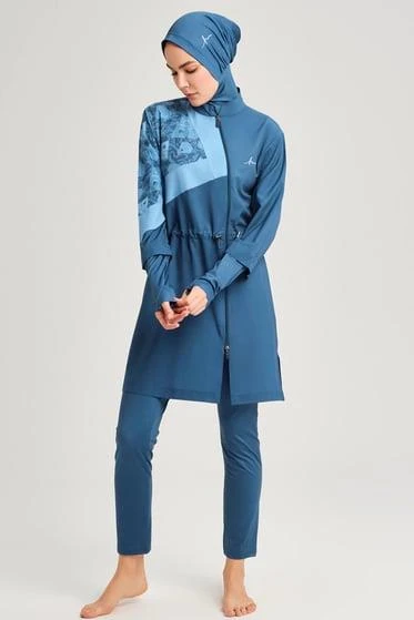 Haşema 3079 Petrol Mavisi Anadolu Koleksiyonu Parmak Geçirme Detaylı Jileli 5 Parça Tesettür Mayo Takımı - 4