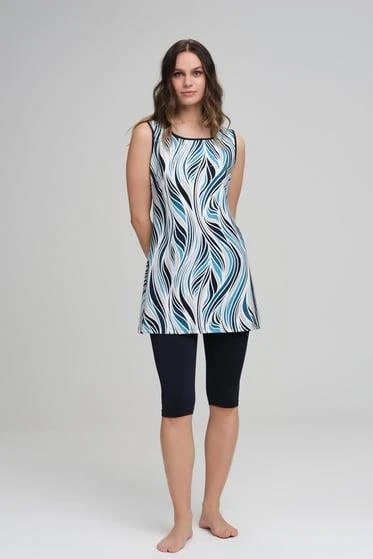 Haşema 3038 Lacivert Belin Renkli Desenli Sıfır Kol Havuz Mayo